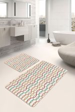 2'li Set Ekru - Bej Zeminde Geometrik Motifli Kilim Desenli Geometrik Sade & Şık  2'li Banyo & Mutfak Paspas Takımı Realhomes