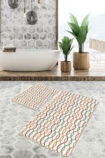 2'li Set Ekru - Bej Zeminde Geometrik Motifli Kilim Desenli Geometrik Sade & Şık  2'li Banyo & Mutfak Paspas Takımı Realhomes