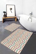 2'li Set Ekru - Bej Zeminde Geometrik Motifli Kilim Desenli Geometrik Sade & Şık  2'li Banyo & Mutfak Paspas Takımı Realhomes