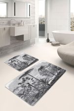 - PaspasTakimi-2li-Set1264-Gorsel-1 - Realhomes  2'li Set Gri Zeminde Karakalem Motifli Kanvas Desenli Vintage Klasik  2'li Banyo & Mutfak Paspas Takımı Realhomes