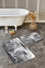 - Realhomes - Realhomes  2'li Set Gri Zeminde Karakalem Motifli Kanvas Desenli Vintage Klasik  2'li Banyo & Mutfak Paspas Takımı Realhomes