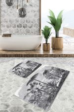 - PaspasTakimi-2li-Set1264-Gorsel-2 - Realhomes  2'li Set Gri Zeminde Karakalem Motifli Kanvas Desenli Vintage Klasik  2'li Banyo & Mutfak Paspas Takımı Realhomes