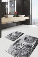 - PaspasTakimi-2li-Set1264-Gorsel-5 - Realhomes  2'li Set Gri Zeminde Karakalem Motifli Kanvas Desenli Vintage Klasik  2'li Banyo & Mutfak Paspas Takımı Realhomes