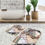 2'li Set Beyaz Zeminde Etnik Motifli Kilim Desenli Geometrik Etnik Motifler  2'li Banyo & Mutfak Paspas Takımı Realhomes