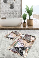 - PaspasTakimi-2li-Set1265-Gorsel - Realhomes 2'li Set Etnik Zeminde Patchwork Motifli Geleneksel Desenli Vintage Klasik 2'li Banyo & Mutfak Paspas Takımı Realhomes