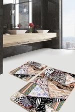 - PaspasTakimi-2li-Set1265-Gorsel-2 - Realhomes 2'li Set Etnik Zeminde Patchwork Motifli Geleneksel Desenli Vintage Klasik 2'li Banyo & Mutfak Paspas Takımı Realhomes