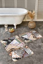 - Realhomes - Realhomes 2'li Set Etnik Zeminde Patchwork Motifli Geleneksel Desenli Vintage Klasik 2'li Banyo & Mutfak Paspas Takımı Realhomes
