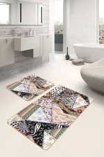 - PaspasTakimi-2li-Set1265-Gorsel-5 - Realhomes 2'li Set Etnik Zeminde Patchwork Motifli Geleneksel Desenli Vintage Klasik 2'li Banyo & Mutfak Paspas Takımı Realhomes