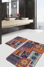 - PaspasTakimi-2li-Set1266-Gorsel-2 - Realhomes 2'li Set Floral Zeminde Patchwork Motifli Otantik Desenli Vintage Geometrik 2'li Banyo & Mutfak Paspas Takımı Realhomes