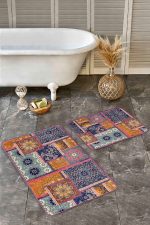 - Realhomes - Realhomes 2'li Set Floral Zeminde Patchwork Motifli Otantik Desenli Vintage Geometrik 2'li Banyo & Mutfak Paspas Takımı Realhomes