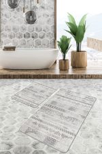 2'li Set Gri - Krem Zeminde Etnik Motifli Tribal Desenli Eskitme Motifli Geometrik  2'li Banyo & Mutfak Paspas Takımı Realhomes