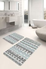2'li Set Mavi - Krem Zeminde İskandinav Motifli Etnik Desenli Etnik Motifler Geometrik  2'li Banyo & Mutfak Paspas Takımı Realhomes