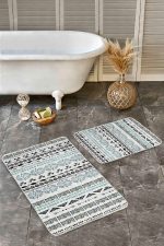 2'li Set Mavi - Krem Zeminde İskandinav Motifli Etnik Desenli Etnik Motifler Geometrik  2'li Banyo & Mutfak Paspas Takımı Realhomes