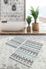 2'li Set Mavi - Krem Zeminde İskandinav Motifli Etnik Desenli Etnik Motifler Geometrik  2'li Banyo & Mutfak Paspas Takımı Realhomes