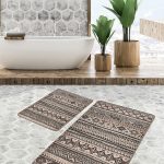 2'li Set Siyah - Beyaz Zeminde Modern Motifli Boho Desenli Bohem Geometrik  2'li Banyo & Mutfak Paspas Takımı Realhomes