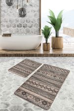- PaspasTakimi-2li-Set1270-Gorsel - Realhomes 2'li Set Kahverengi - Krem Zeminde Geleneksel Motifli Kilim Desenli Etnik Motifler Geometrik 2'li Banyo & Mutfak Paspas Takımı Realhomes