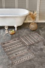 - Realhomes - Realhomes 2'li Set Kahverengi - Krem Zeminde Geleneksel Motifli Kilim Desenli Etnik Motifler Geometrik 2'li Banyo & Mutfak Paspas Takımı Realhomes