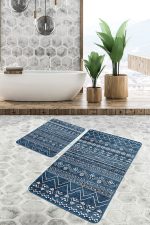 - PaspasTakimi-2li-Set1272-Gorsel - Realhomes  2'li Set Lacivert Zeminde İskandinav Motifli Etnik Desenli Geometrik Etnik Motifler  2'li Banyo & Mutfak Paspas Takımı Realhomes