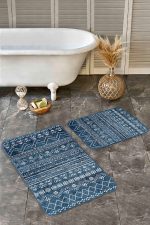 - Realhomes - Realhomes  2'li Set Lacivert Zeminde İskandinav Motifli Etnik Desenli Geometrik Etnik Motifler  2'li Banyo & Mutfak Paspas Takımı Realhomes