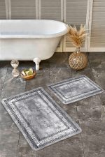 - Realhomes - Realhomes  2'li Set Gri - Siyah Zeminde Çerçeveli Motifli Antik Desenli Eskitme Motifli Geometrik  2'li Banyo & Mutfak Paspas Takımı Realhomes