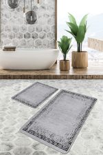 2'li Set Gri - Siyah Zeminde Çerçeveli Motifli Eskitme Desenli Eskitme Motifli Geometrik  2'li Banyo & Mutfak Paspas Takımı Realhomes