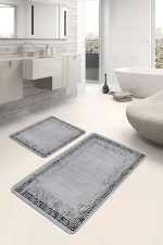 2'li Set Gri - Siyah Zeminde Çerçeveli Motifli Eskitme Desenli Eskitme Motifli Geometrik  2'li Banyo & Mutfak Paspas Takımı Realhomes
