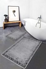 2'li Set Gri - Siyah Zeminde Çerçeveli Motifli Eskitme Desenli Eskitme Motifli Geometrik  2'li Banyo & Mutfak Paspas Takımı Realhomes