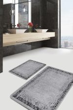 2'li Set Gri - Siyah Zeminde Çerçeveli Motifli Eskitme Desenli Eskitme Motifli Geometrik  2'li Banyo & Mutfak Paspas Takımı Realhomes