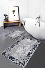 2'li Set Gri - Lacivert Zeminde Çerçeveli Motifli Duvar Desenli Eskitme Motifli Geometrik  2'li Banyo & Mutfak Paspas Takımı Realhomes