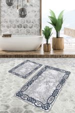 2'li Set Gri - Lacivert Zeminde Çerçeveli Motifli Duvar Desenli Eskitme Motifli Geometrik  2'li Banyo & Mutfak Paspas Takımı Realhomes