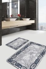 2'li Set Gri - Lacivert Zeminde Çerçeveli Motifli Duvar Desenli Eskitme Motifli Geometrik  2'li Banyo & Mutfak Paspas Takımı Realhomes