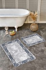 2'li Set Gri - Lacivert Zeminde Çerçeveli Motifli Duvar Desenli Eskitme Motifli Geometrik  2'li Banyo & Mutfak Paspas Takımı Realhomes