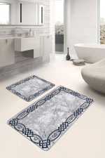 2'li Set Gri - Lacivert Zeminde Çerçeveli Motifli Duvar Desenli Eskitme Motifli Geometrik  2'li Banyo & Mutfak Paspas Takımı Realhomes