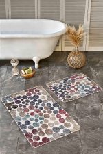 - Realhomes - Realhomes  2'li Set Krem Zeminde Eskitme Motifli Dairesel Desenli Geometrik Sade & Şık  2'li Banyo & Mutfak Paspas Takımı Realhomes