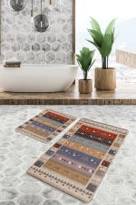 - PaspasTakimi-2li-Set1277-Gorsel-1 - Realhomes 2'li Set Krem - Kırmızı Zeminde Otantik Motifli Kilim Desenli Etnik Motifler Vintage 2'li Banyo & Mutfak Paspas Takımı Realhomes