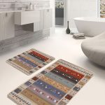 2'li Set Krem - Mavi Zeminde Çerçeveli Motifli Etnik Desenli Avangarde Vintage  2'li Banyo & Mutfak Paspas Takımı Realhomes