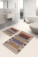 - PaspasTakimi-2li-Set1277-Gorsel - Realhomes 2'li Set Krem - Kırmızı Zeminde Otantik Motifli Kilim Desenli Etnik Motifler Vintage 2'li Banyo & Mutfak Paspas Takımı Realhomes