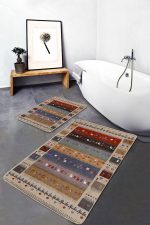 - PaspasTakimi-2li-Set1277-Gorsel-2 - Realhomes 2'li Set Krem - Kırmızı Zeminde Otantik Motifli Kilim Desenli Etnik Motifler Vintage 2'li Banyo & Mutfak Paspas Takımı Realhomes