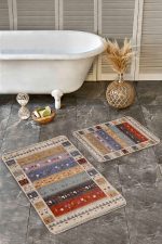 - Realhomes - Realhomes 2'li Set Krem - Kırmızı Zeminde Otantik Motifli Kilim Desenli Etnik Motifler Vintage 2'li Banyo & Mutfak Paspas Takımı Realhomes