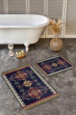 - Realhomes - Realhomes  2'li Set Lacivert Zeminde Yöresel Motifli Dokuma Desenli Etnik Motifler Avangarde  2'li Banyo & Mutfak Paspas Takımı Realhomes