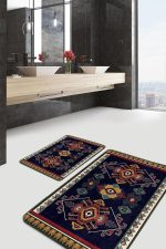 - PaspasTakimi-2li-Set1278-Gorsel - Realhomes  2'li Set Lacivert Zeminde Yöresel Motifli Dokuma Desenli Etnik Motifler Avangarde  2'li Banyo & Mutfak Paspas Takımı Realhomes