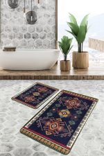 - PaspasTakimi-2li-Set1278-Gorsel-4 - Realhomes  2'li Set Lacivert Zeminde Yöresel Motifli Dokuma Desenli Etnik Motifler Avangarde  2'li Banyo & Mutfak Paspas Takımı Realhomes