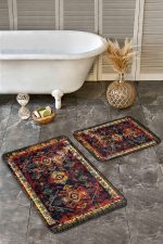 2'li Set Lacivert Zeminde Eskitme Motifli Kilim Desenli Eskitme Motifli Etnik Motifler  2'li Banyo & Mutfak Paspas Takımı Realhomes