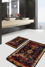 2'li Set Lacivert Zeminde Eskitme Motifli Kilim Desenli Eskitme Motifli Etnik Motifler  2'li Banyo & Mutfak Paspas Takımı Realhomes