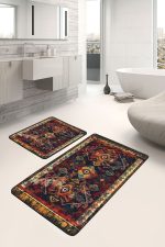 2'li Set Lacivert Zeminde Eskitme Motifli Kilim Desenli Eskitme Motifli Etnik Motifler  2'li Banyo & Mutfak Paspas Takımı Realhomes