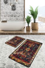 2'li Set Lacivert Zeminde Eskitme Motifli Kilim Desenli Eskitme Motifli Etnik Motifler  2'li Banyo & Mutfak Paspas Takımı Realhomes