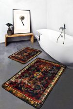 2'li Set Lacivert Zeminde Eskitme Motifli Kilim Desenli Eskitme Motifli Etnik Motifler  2'li Banyo & Mutfak Paspas Takımı Realhomes