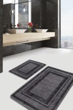 - PaspasTakimi-2li-Set1280-Gorsel-4 - Realhomes 2'li Set Gri - Füme Zeminde Çerçeveli Motifli Dokuma Desenli Sade & Şık Geometrik 2'li Banyo & Mutfak Paspas Takımı Realhomes