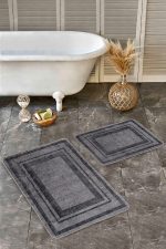 - Realhomes - Realhomes 2'li Set Gri - Füme Zeminde Çerçeveli Motifli Dokuma Desenli Sade & Şık Geometrik 2'li Banyo & Mutfak Paspas Takımı Realhomes