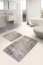 2'li Set Ekru - Krem Zeminde Örme Motifli Yöresel Desenli Eskitme Motifli Geometrik  2'li Banyo & Mutfak Paspas Takımı Realhomes